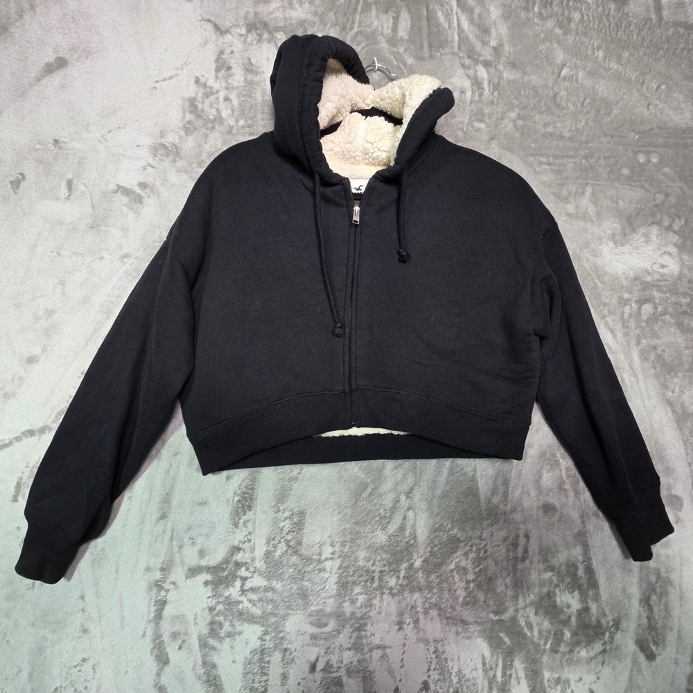 Hollister Womens XS Black Sherpa Lined Cropped Zip Up Hoodie Sweatshirt 1725